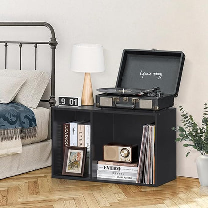 YAHARBO 2 Cube Bookshelf, Black Record Player Stand with Vinyl Storage Up to 100 Albums, Horizontal Book Shelf, Small Cubby Bookcase with Storage Organizer, Turntable Stand for Living Room, Bedroom