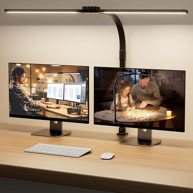 LED Desk Lamp with Clamp, Rotatable Architect Lamp for Home Office, Bright Computer Desk Light with Dimmable Color Brightness, Adjustable Desktop Lamp with Gooseneck, Double Head, Black