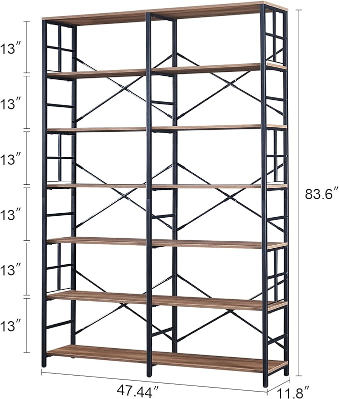 HOMISSUE Tall Bookshelf, 84" Bookshelves and Bookcases Double Wide 7-Tier Bookshelf, Tall Bookcase Wood Style and Metal Open Display Shelves for Living Room Home Office, Rustic Brown