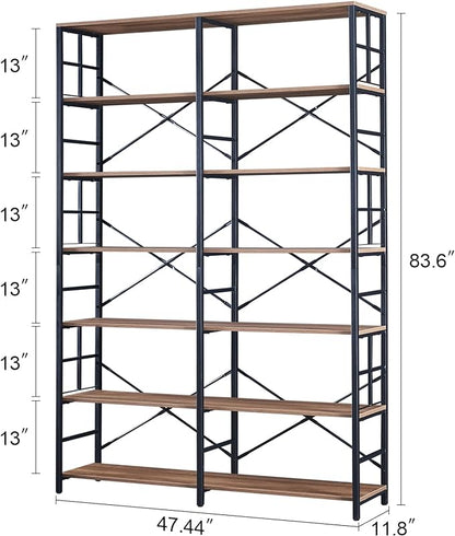 HOMISSUE Tall Bookshelf, 84" Bookshelves and Bookcases Double Wide 7-Tier Bookshelf, Tall Bookcase Wood Style and Metal Open Display Shelves for Living Room Home Office, Rustic Brown