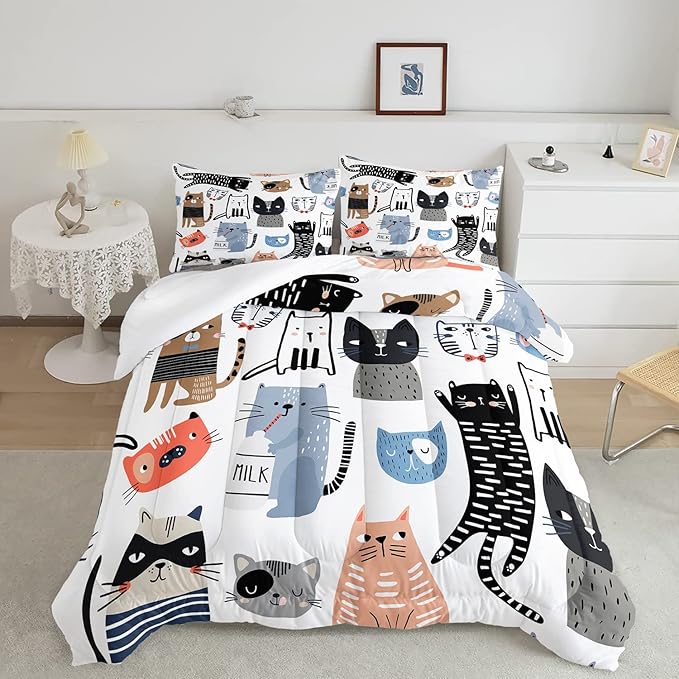 CVHOUSE Cat Bedding,Cartoon Cat Comforter King,Animals Print Comforter Set for Kids,Kawaii Quilt Set with 1 Comforter and 2 Pillow Cases