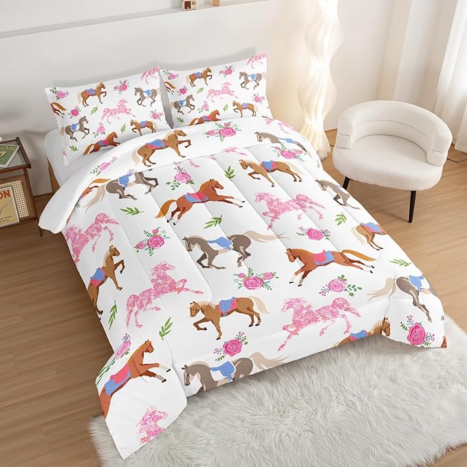 HOSIMA Kawaii Pink Rose Horse Twin Comforter Princess Toddler Bedding Set,Cute Animal Horse Bedding Girls Teens Aesthetic Room Decor,Cowboy Cowgirl Colorful Pony Twin Bed in a Bag.