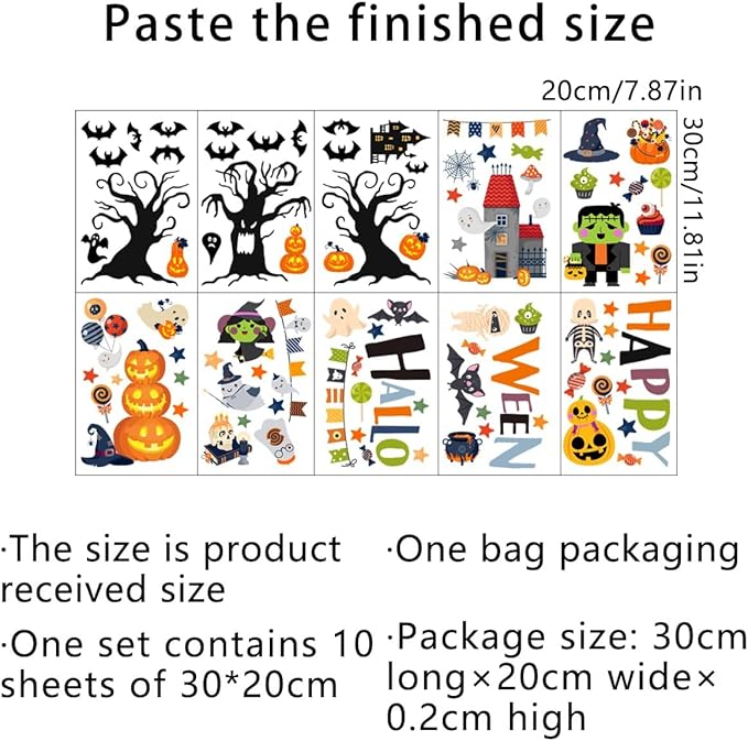 10 Sheets Halloween Window Clings Halloween Window Stickers Decorations Double-Sided Removable Castle Pumpkin Bat Glass Window Decals, Happy Halloween Window Clings for Kids Party Decorations