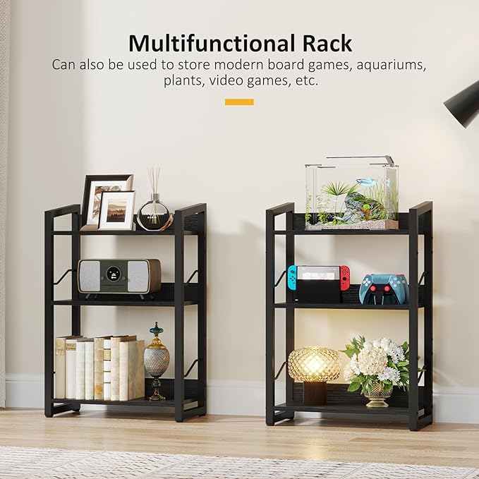 Book Shelf Small Bookshelf - 3-Tier Wood Bookcase Industrial Bookshelf Metal Narrow Bookshelves Storage Organizer Display Rack for Bedroom Living Room Home Office (Black)