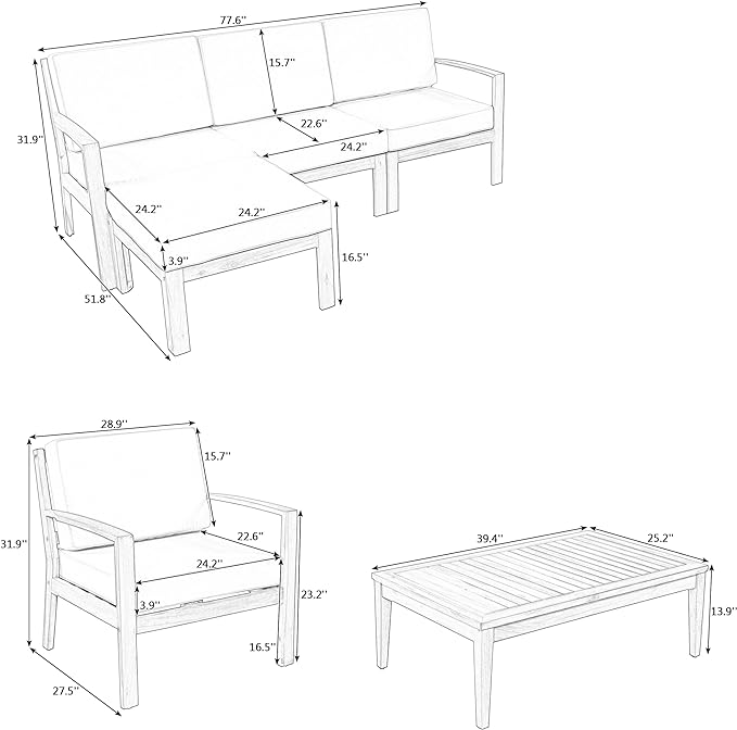 Merax 6 Pieces Sectional Sofa Solid Acacia Wood Frame Outdoor Conversation Furniture Sets with Coffee Table and Removable Cushion for Garden Backyard Patio and Poolside, Grey