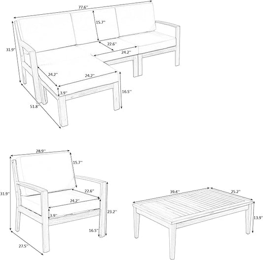 Merax 6 Pieces Sectional Sofa Solid Acacia Wood Frame Outdoor Conversation Furniture Sets with Coffee Table and Removable Cushion for Garden Backyard Patio and Poolside, Grey