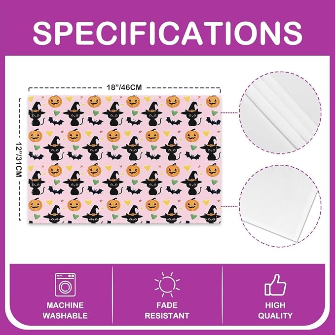 Feelyou Happy Halloween Placemats Set of 4 Cute Ghost Cat Table Mats Pink Orange Green Place Mat for Kitchen Dining Table Party Decor Indoor Outdoor 18"x12" Non-Slip Easy to Clean Pumpkin Lantern Bats