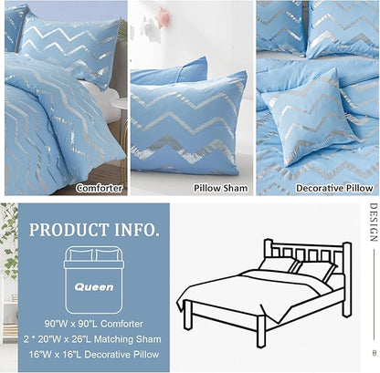 Blue/Silver Comforter Set Queen, Metallic Print Glitter Bedding Set Cute Shinny Bed Sets for Teen Girls Kids Women, 4 Piece (2 Pillowcases, 1 Decorative Pillow Sham)