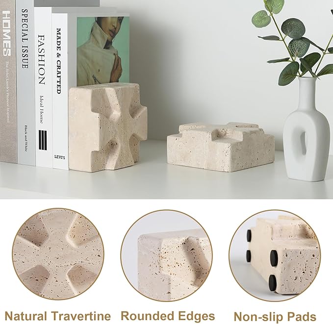 Natural Marble Bookends for Heavy Books, Heavy Duty Square Decorative Stone Book Ends for Shelves, Aesthetic Travertine Book Holder, Modern Office Bookshelf Stopper Decor, Beige, Set of 2
