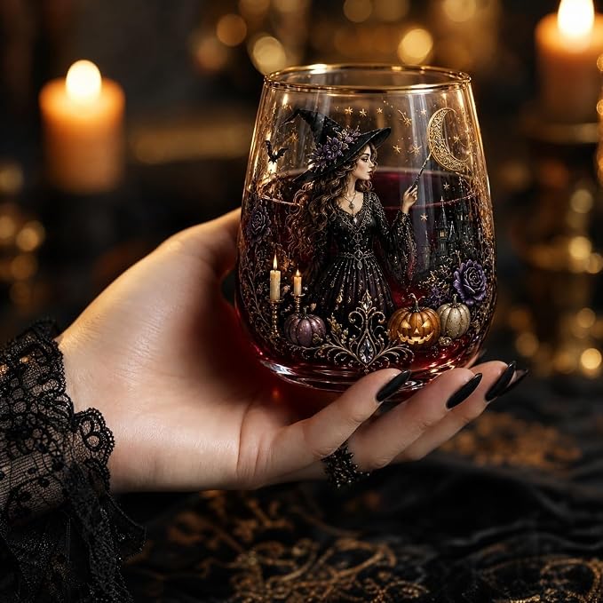 3D Halloween Autumn Glass Art Cup,Stemless Holiday Glassware Collection | Fantasy Fall Witch Wine Glasses,Holiday Printed Table Ornaments,Magical Halloween Home Decor Gifts for Various Beverages