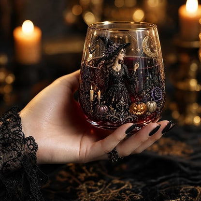 3D Halloween Autumn Glass Art Cup,Stemless Holiday Glassware Collection | Fantasy Fall Witch Wine Glasses,Holiday Printed Table Ornaments,Magical Halloween Home Decor Gifts for Various Beverages