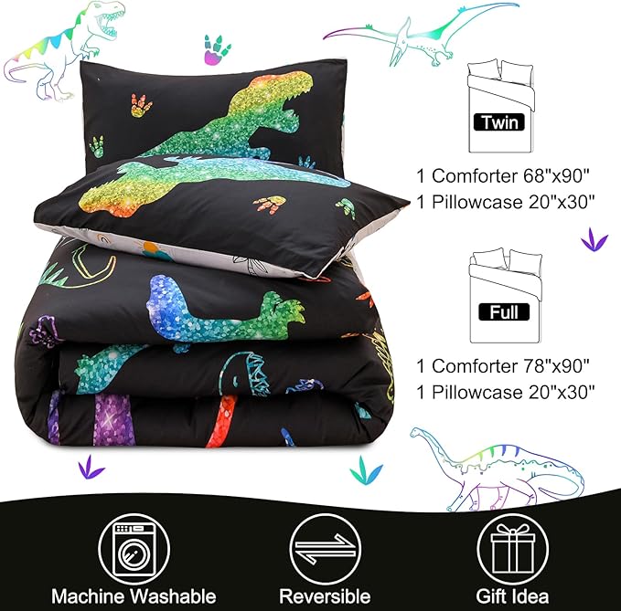 Meeting Story Dinosaur Comforter Set, Fluorescence Gradation Dinosaur Twin Comforter Set, 3 PCS 1 Comforter and 2 Pillowcases in One Bag, All Season Bedspread for Kids Teens Adults（Twin）