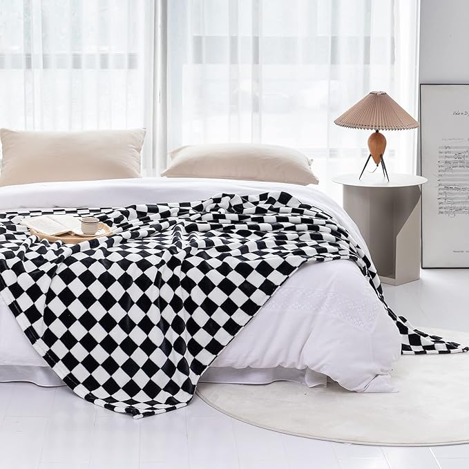 LOMAO Throw Blankets Flannel Blanket with Checkerboard Grid Pattern Soft Throw Blanket for Couch, Bed, Sofa Luxurious Warm and Cozy for All Seasons (Black, 90"x90")