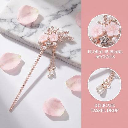 2 Pcs Rhinestone Pearl Flower Hair Stick Chinese Hair Chopsticks Vintage Tassel Hair Pin Chignon Pin Hair Styling Making Accessories for Women