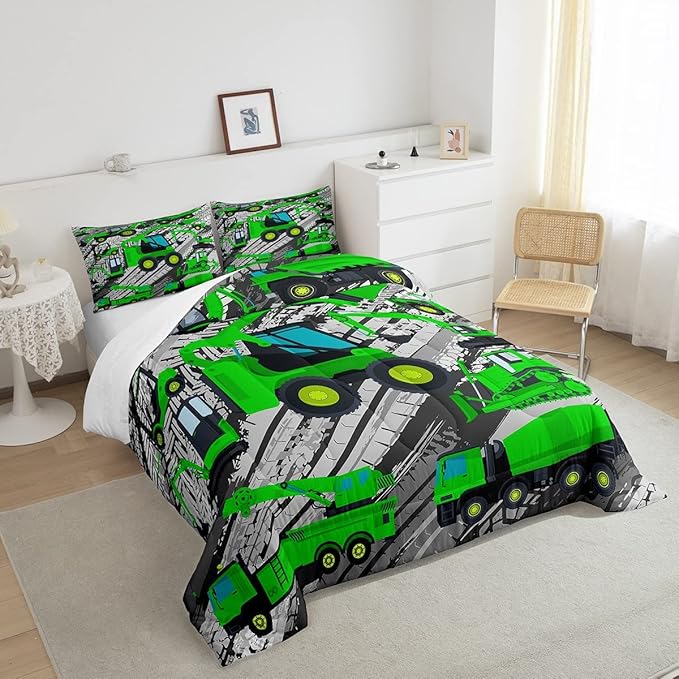 Excavator Down Comforter, Kids Boys Cartoon Car Comforter Set Twin, Children Tractor Truck Duvet Sets Girls Construction Vehicle Bulldozer Bedding Set 2 Pieces with 1 Pillow Case, Green Gray