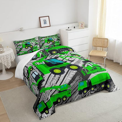 Excavator Down Comforter, Kids Boys Cartoon Car Comforter Set Full, Children Tractor Truck Duvet Sets Girls Construction Vehicle Bulldozer Bedding Set 3 Pieces with 2 Pillow Cases, Green Gray