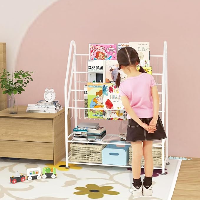 Kids Bookshelf Freestanding for Children Room 32 Inches White Metal Bookcase Large Capacity Books Toys Organizer Stable 5 Tiers Kids Book Rack for Playroom Bookstore Library.
