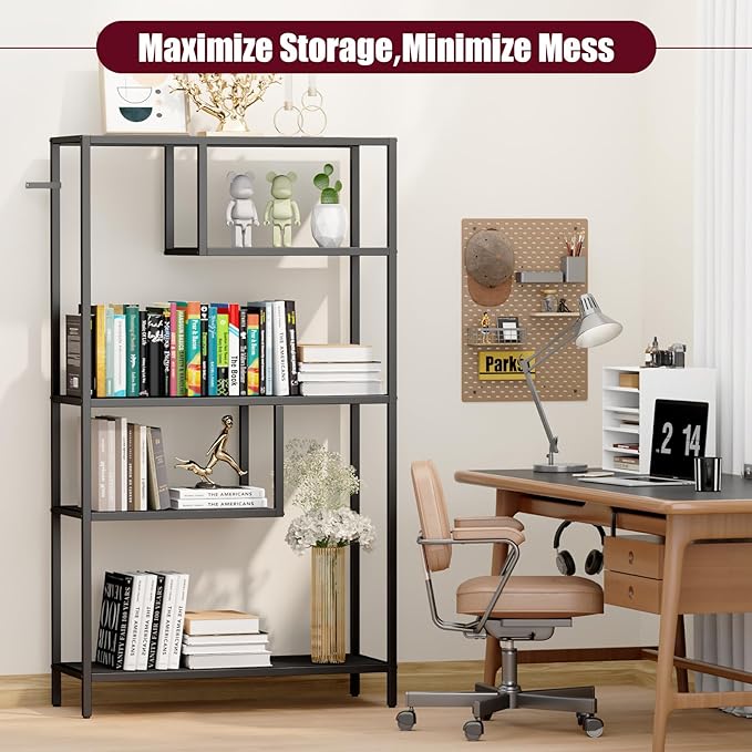 HOME BI Geometric Bookshelf, Tall Modern Etagere Bookcase, Industrial Metal Book Shelf with 5 Open Display Shelves for Office Living Room, Black