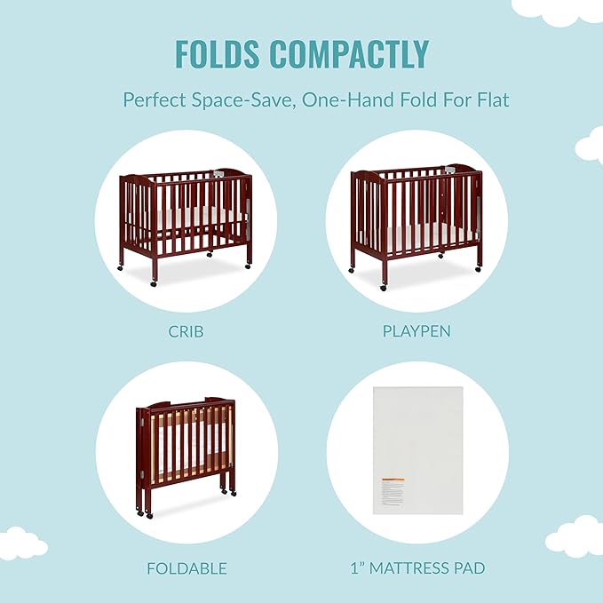 Dream On Me 3 in 1 Portable Folding Stationary Side Crib in Cherry, Greenguard Gold Certified, Safety Wheel with Locking Casters, Convertible, 3 Mattress Heights