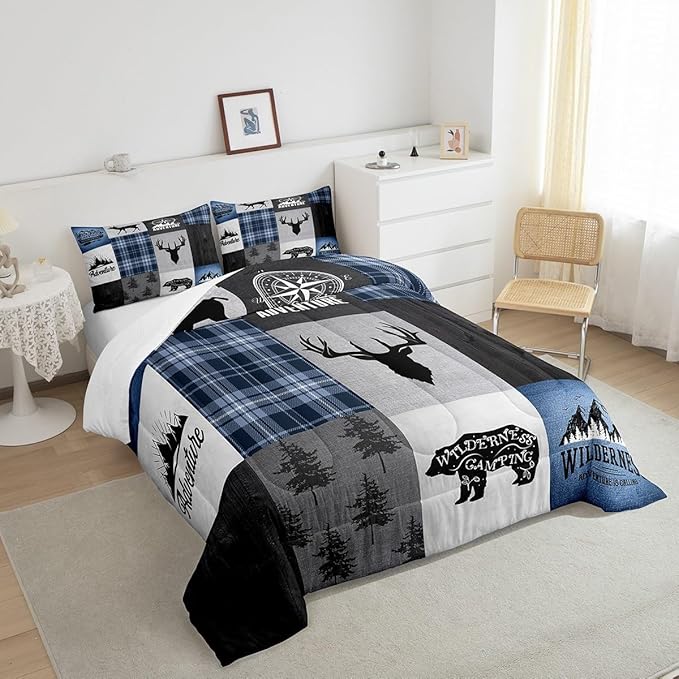 Deer Antler Bear Kids Comforter Set Queen Size,Hunting Adventure Bedding Set for Boys Girls Adults Room Decor,Geometric Plaids Patchwork Down Comforter,Rustic Farmhouse Duvet Insert,2 Pillowcases