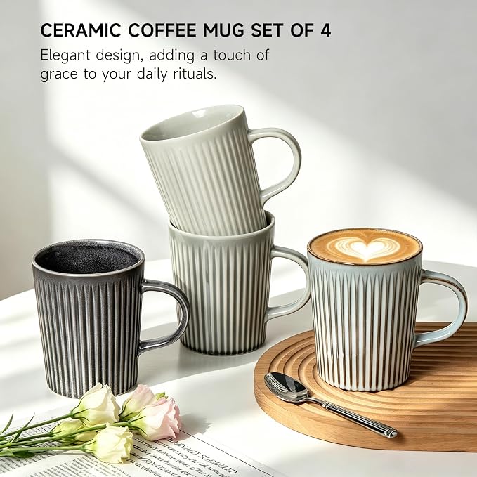 Coffee Mugs Set of 4, 18oz Large Striped Stoneware Coffee Cups with Handle | Handmade Ceramic Mugs Set for Women and Men, Dishwasher and Microwave Safe, Suitable for Hot Coffee, Tea, Cocoa, Milk, Glossy