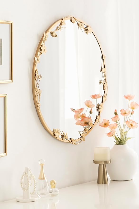 Kate and Laurel Rosella Modern Ornate Round Wall Mirror, 26 Inch Diameter, Gold, Circle Mirror with Floral Detailing for Use as Bathroom Mirror for Over Sink or Cute Nursery Mirror Decor
