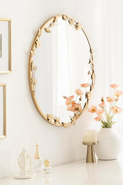 Kate and Laurel Rosella Modern Ornate Round Wall Mirror, 26 Inch Diameter, Gold, Circle Mirror with Floral Detailing for Use as Bathroom Mirror for Over Sink or Cute Nursery Mirror Decor