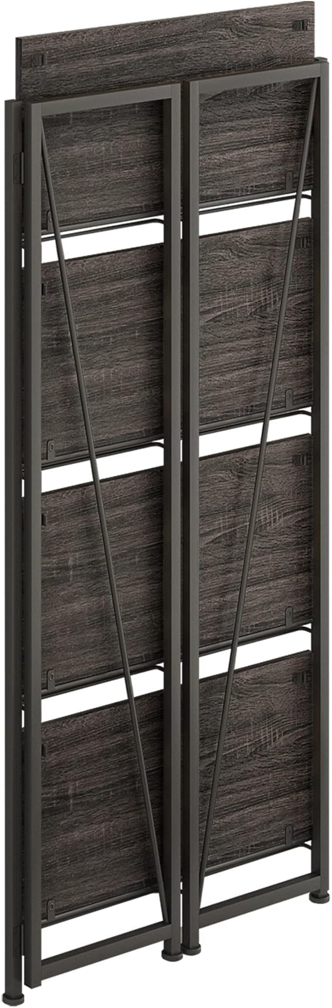 4NM No-Assembly Folding Bookshelf Storage Shelves 4 Tiers Vintage Bookcase Standing Racks Study Organizer Home Office (Gray and Black)