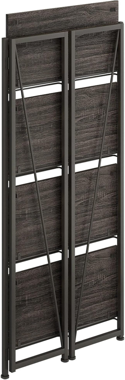 4NM No-Assembly Folding Bookshelf Storage Shelves 4 Tiers Vintage Bookcase Standing Racks Study Organizer Home Office (Gray and Black)