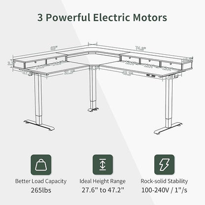 FEZIBO 75 Inches Triple Motor L Shaped Standing Desk Reversible, Electric Height Adjustable Corner Stand up Desk, Sit Stand Desk Computer Workstation, White Frame/Light Walnut Top