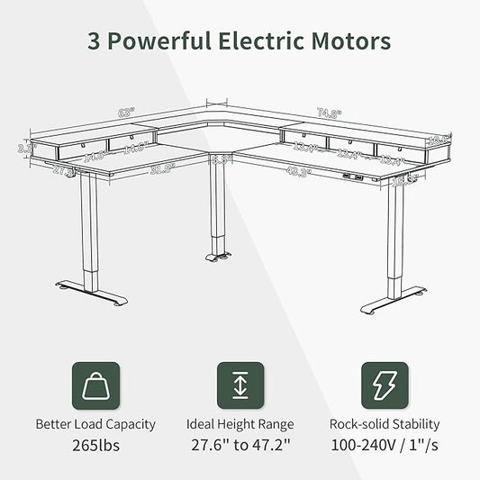 FEZIBO 75 Inches Triple Motor L Shaped Standing Desk Reversible, Electric Height Adjustable Corner Stand up Desk, Sit Stand Desk Computer Workstation, White Frame/Light Walnut Top