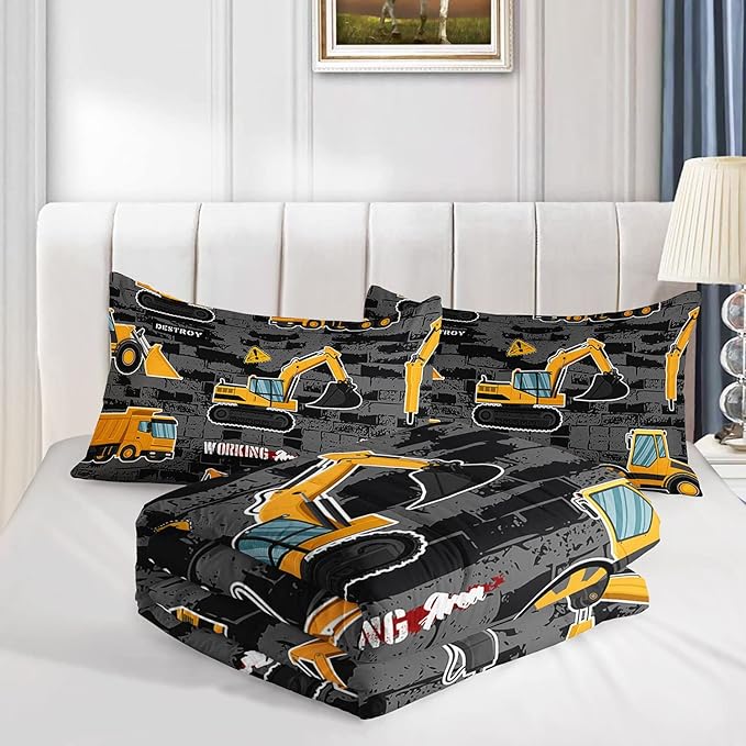 Datura home Kids Engineering Car Bedding Comforter Set Tractor Truck Printed Pattern Bedding Set with 1 Comforter and 2 Pillowcases for Boys Bedroom All Season(Truck2 Twin), Twin 68x86inches