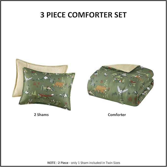 Mi Zone Kids Queen Comforter Set, Reversible Plush Kids Comforter Set, Cozy Plush Reverse Bedding, Winter Fluffy Comforter Bed Set, 2 Shams, Enchanting Forest Animals, Full/Queen, Sage Green 3 Piece