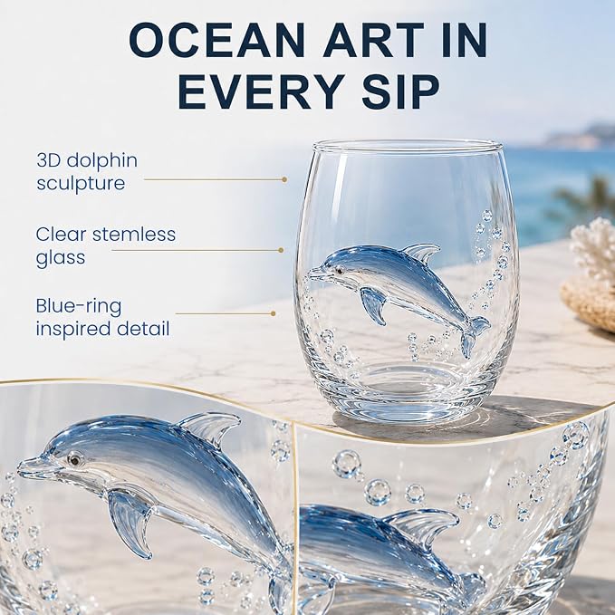 Coastal Stemless Wine Glasses Set of 4, 12oz 3D Ocean Animal Artisan Glassware Collection with Unique Sea Life Designs (C - Set of 1)