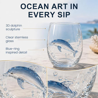 Coastal Stemless Wine Glasses Set of 4, 12oz 3D Ocean Animal Artisan Glassware Collection with Unique Sea Life Designs (C - Set of 1)