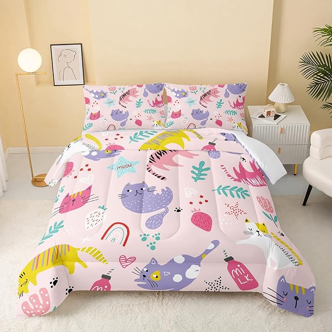 Kawaii Cats Comforter King Size,Pink Cats Kids Comforter Set,3Pcs Bedding Set Printed Comforter with 2 Pillowcases,Down Alternative,Soft and Lightweight,for All Seasons