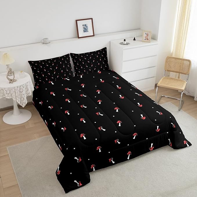 Cute Mushroom Comforter Set King Kid Cartoon Kawaii Reversible Bedding Set Red Mushroom Duvet Set Mushroom Shaped Comforter Lovely Natural Wild Plants Fungus Comforter Set for Room Decor, Black