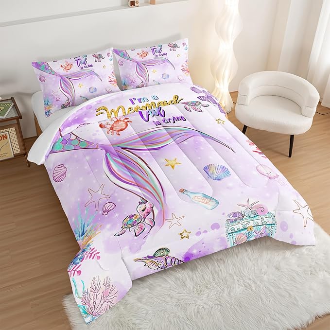 HOSIMA Kids Mermaid Comforter Set with 2 Pillowcases,Watercolor Ocean Life Sea Animal Mermaid Tail Pattern Bedding Set,Light Purpl King Size Comforter Set for Teens Girls Women Bedroom Decor.