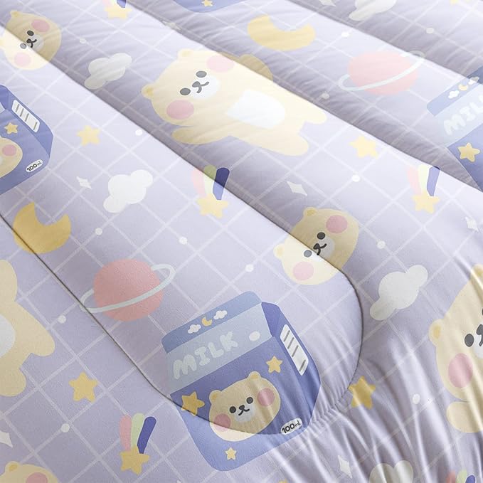 Kawaii Bear Comforter Queen Size,Cartoon Bear Comforter Set for Kids Teens Girls,3Pcs Bedding Set Printed Comforter with 2 Pillowcases,Down Alternative,Soft and Lightweight(Purple，Queen Size)