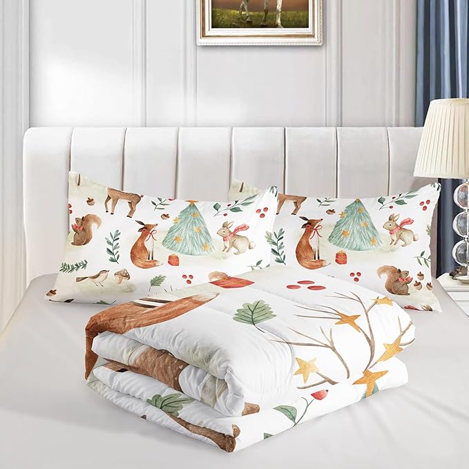 Wild Animal Comforter Twin Size,Rabbit Deer Comforter Set for Kids Teens Girls Boys,3Pcs Bedding Set Printed Comforter with 2 Pillowcases,Down Alternative,Soft and Lightweight，Twin Size