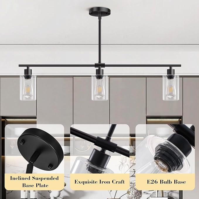 Kitchen Island Lighting, 3 Lights Linear Chandeliers Rectangle Pendant Light Fixtures for Dining Room Farmhouse Hanging Light with Glass Shades(Black)