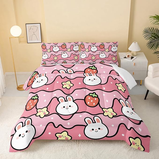 Kawaii Rabbit Comforter,Strawberry Rabbit Comforter Set for Kids Teens Girls,3Pcs Bedding Set Printed Comforter with 2 Pillowcases,Down Alternative,Soft and Lightweight(Pink，King Size)