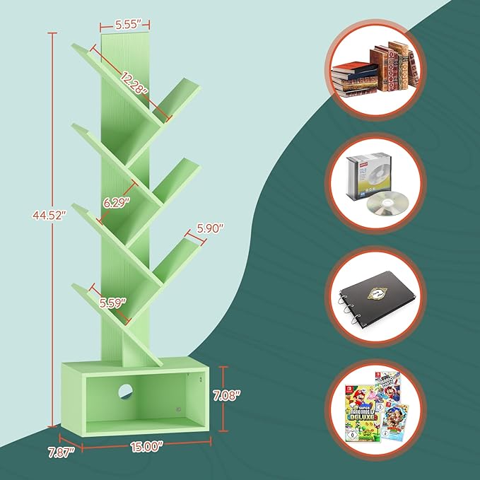 Yoobure Tree Bookshelf - 6 Shelf Retro Floor Standing Bookcase, Tall Wood Book Storage Rack for CDs/Movies/Books, Utility Book Organizer Shelves for Bedroom, Living Room, Home Office Green
