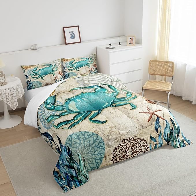 Sea Beach Theme Comforter Set Kids Beach Crabs Print Queen Bedding 3D Sea Animal Crab Luxury Microfiber Quilted Duvet Set with 2 Pillowcases,Soft Lightweight Marine Life Decorative Bedding Soft Fluffy
