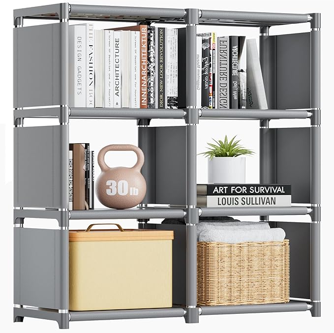 Mavivegue Book Shelf, 6 Cube Storage Organizer, DIY Bookcase, Metal Cube Bookshelf,Tall Book case for Bedroom, Living Room,Office,Closet Storage Organizer, Grey Cubicle Storage Rack