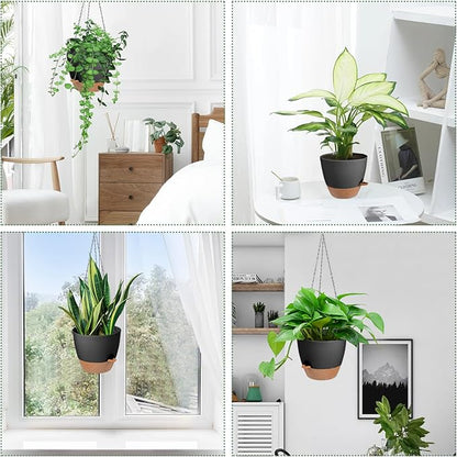 Hanging Planters for Indoor Outdoor Plants, 2 Pack Self Watering Hanging Pot with Drainage Holes & Removable Tray (Black, 6'')