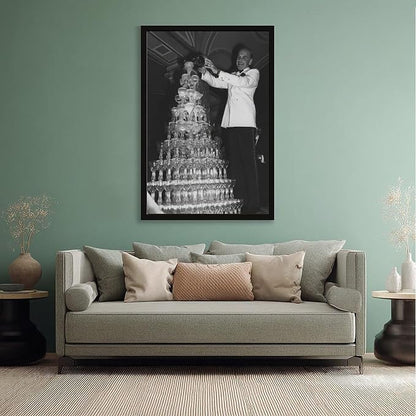 Champagne Tower 1920s, Pouring Over Stacked Glasses Black And White , Alcohol Poster, Bar Cart , Retro Wall Decor Canvas Poster Bedroom Decor Sports Landscape Office Room Decor Gift Black Frame 08x12i