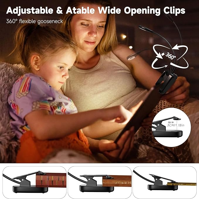 2 PACK Book Lights for Reading in Bed, 12 LEDs Rechargeable Clip Lamp with 3 Lighting Color, Stepless Dimming, Eye Protection, 80 Hours Runtime, 360° Flexible Gooseneck, Lightweight, Portable