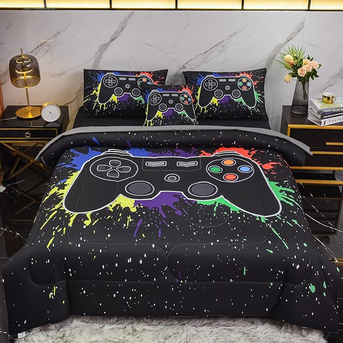 6Pcs Gamer Comforter Set with Sheets for Boys Girls Kids Teens, Colorful Graffiti Gaming Themed Bed in A Bag Full Size, Black 3D Video Game Controller Bedroom Decor Bedding Set