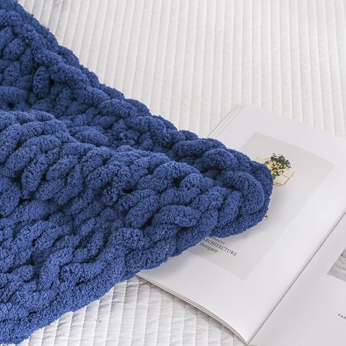 WESHIONGOO Chunky Knit Blanket Throw 50"×60" Knitted Throw Blankets for Couch Bed Fluffy Soft Blanket with Jumbo Chenille Yarn Thick 100% Handmade (Navy Blue)